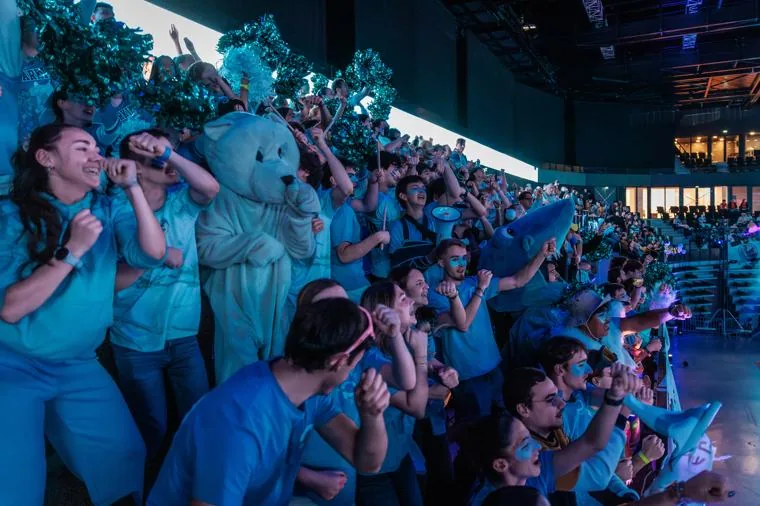 Tribune vue depuis le terrain, cube écran au-dessus